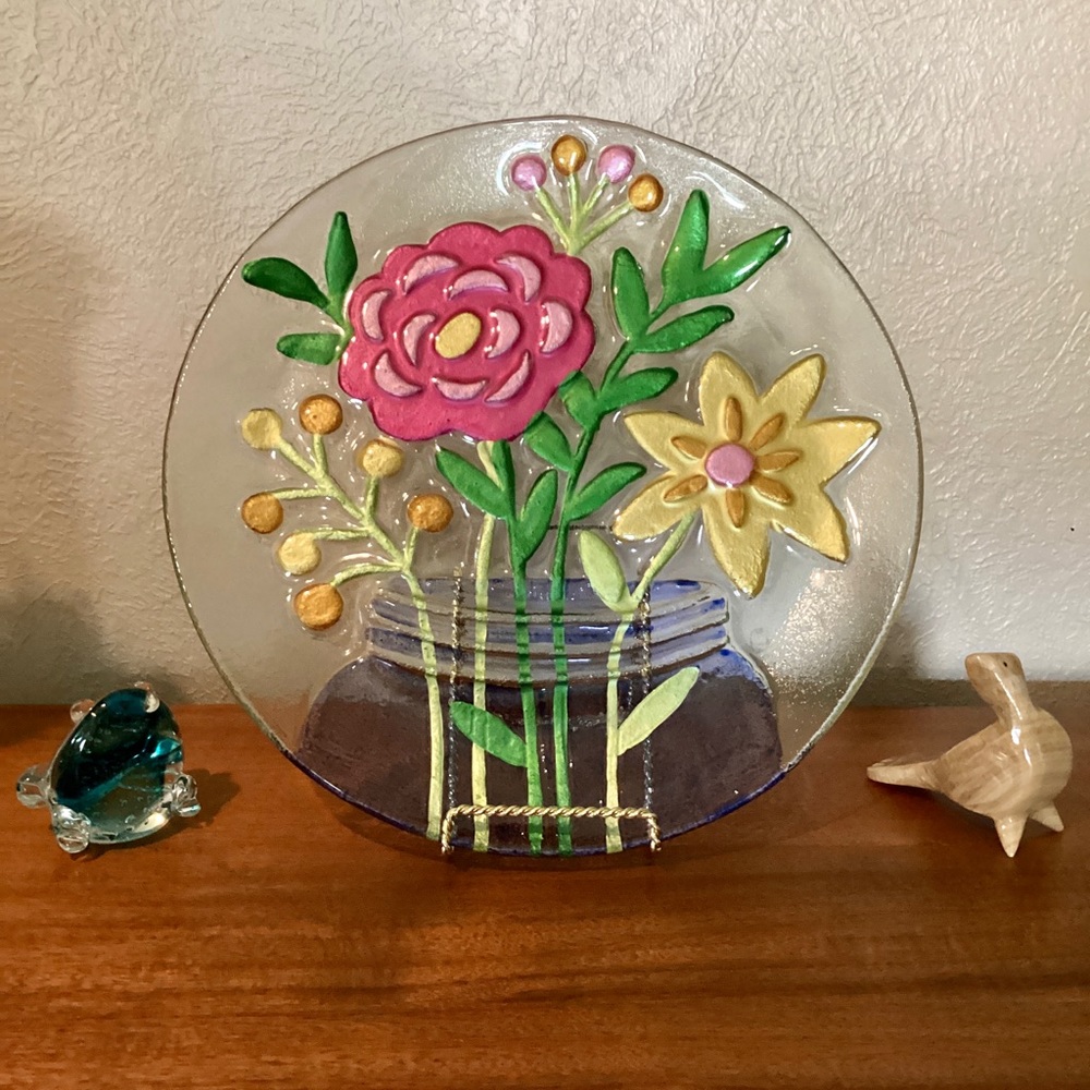 Lori Siebert Fused Art Glass Round Tray Platter Spring Flowers In Mason Jar